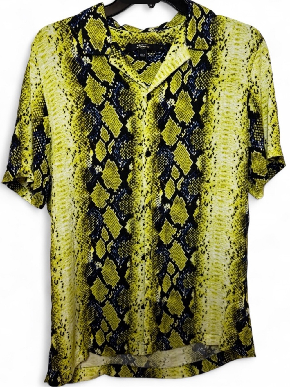 Jaded London Mens Yellow Snakeskin Print Short Sleeve Camp Collar Shirt Medium